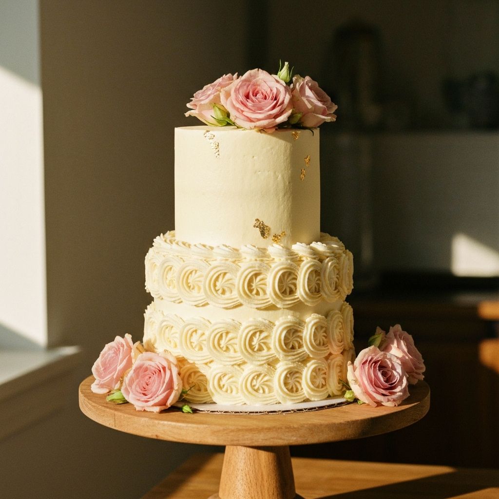 A tall, elegant two-tier cream cake decorated with roses and gold leaf